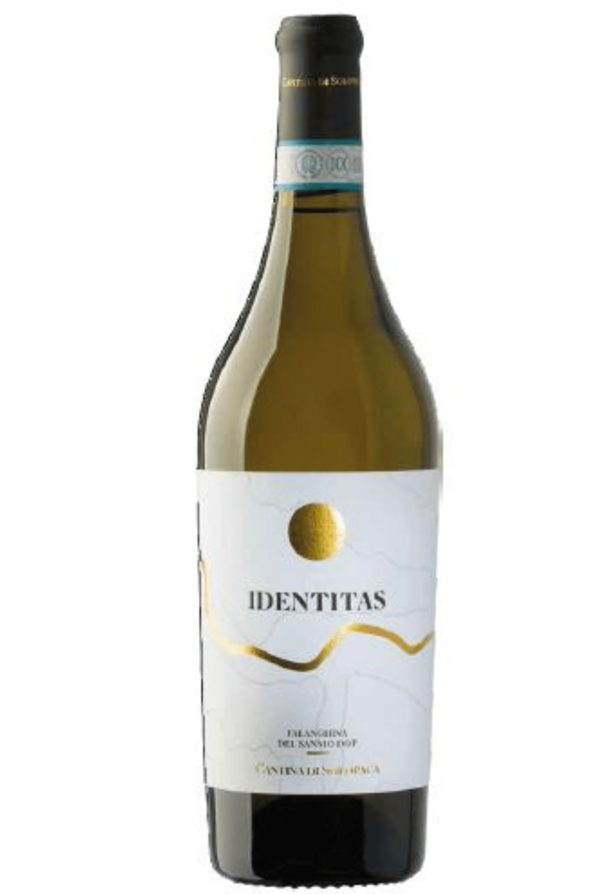 vino campania "Identitas" Falanghina del Sannio DOP 2022 - Cantina di Solopaca. Consigliato con crudi di mare, carpacci, risotto con crostacei, risotto con verdure. Perfetto in abbinamento con mozzarella di bufala e formaggi a pasta filata freschi. Trovalo online su Sparkleitaly.it 